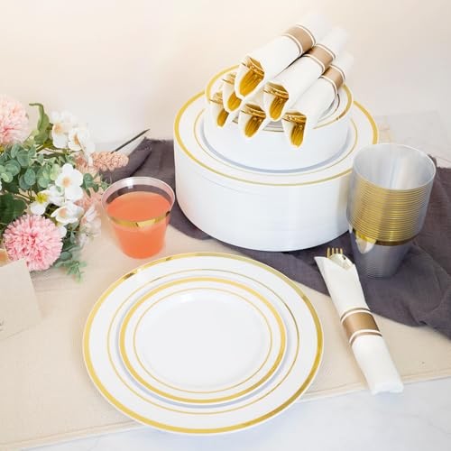 350PCS Plastic Dinnerware Set for 50 Guests, Include: 50 Dinner Plates, Gold