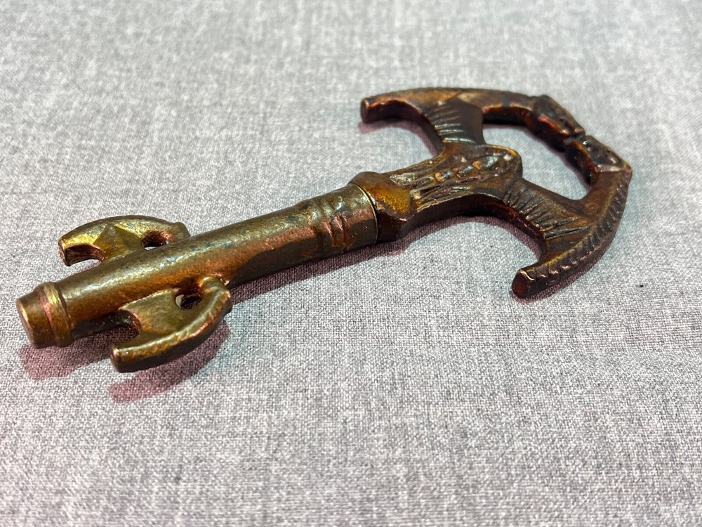 Antique Brass Cellar Key Corkscrew Bottle Opener Figural Gargoyles Finger Pull