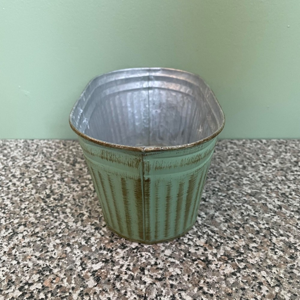 Galvanized Metal Green Oval Planter Or Storage Tin