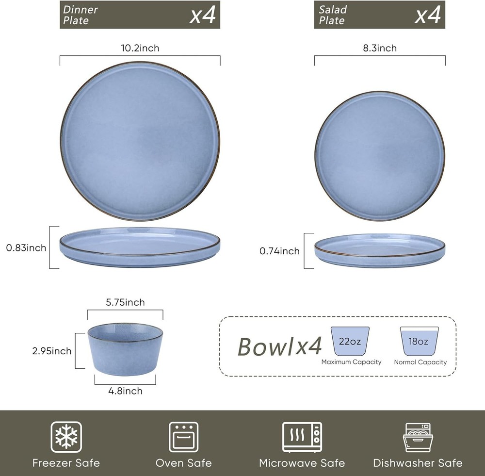 12-Piece Stoneware Dinnerware Set 4 Dinner Plates & Bowls Sets Double Reactive