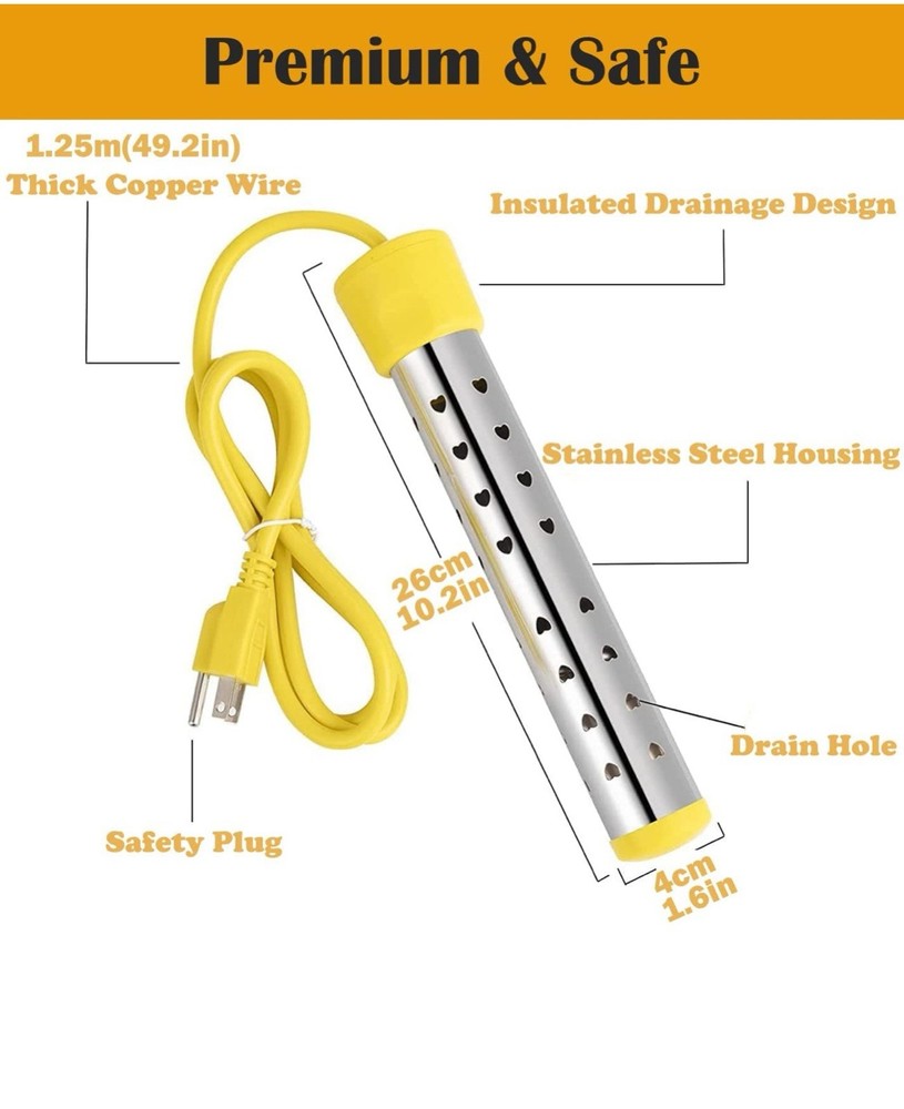 Immersion Water Heater 1500W Bucket Boiler Stainless Steel With LCD Thermometer