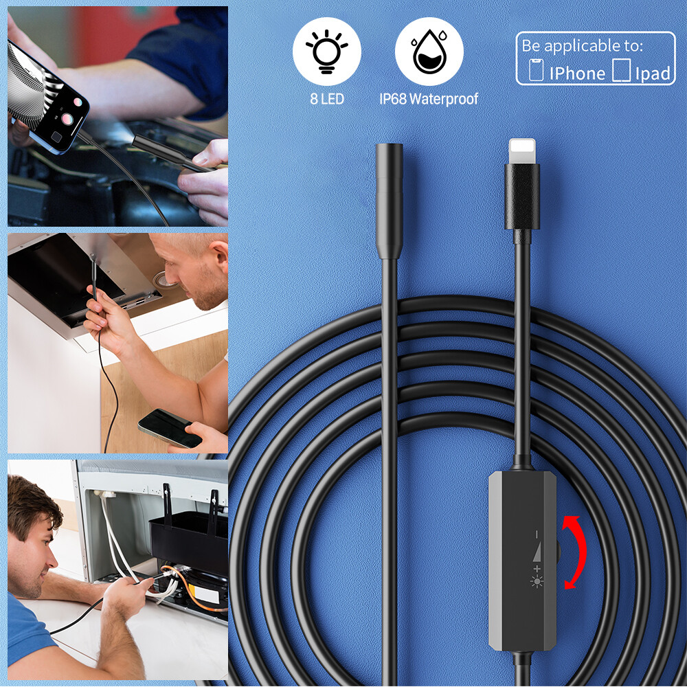 8 LED Light Borescope Endoscope Snake Inspection Camera IP68 for iPhone iPad