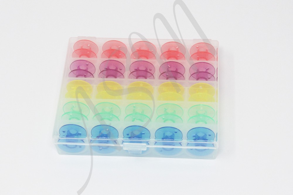 25 Pack Assorted Color Plastic Bobbins w/Plastic Box