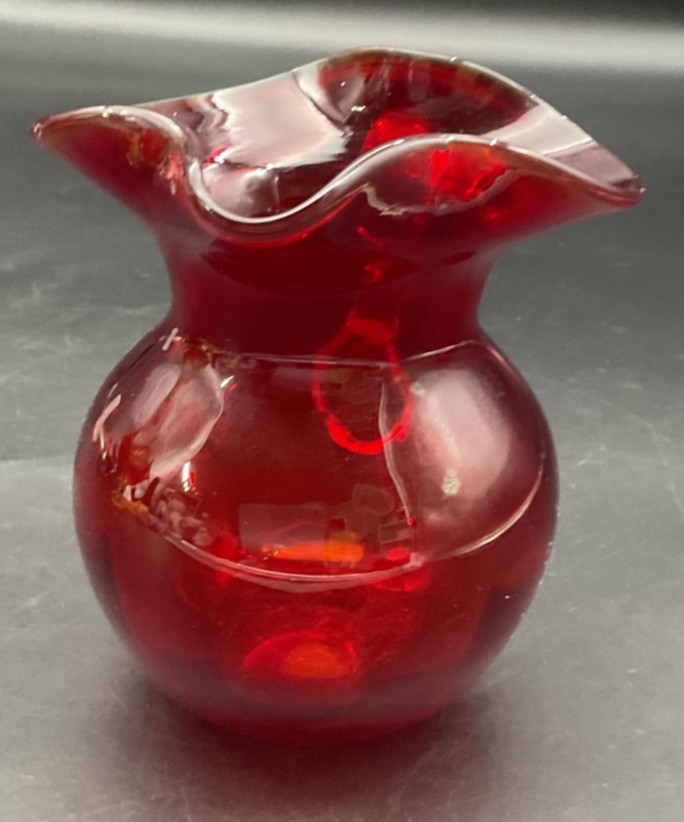MCM Handblown Ruby Red Ruffled Clear Glass Handle Pitcher 5"