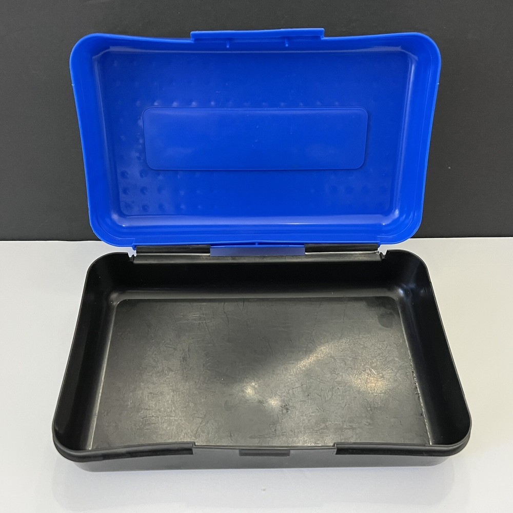 SpaceMaker Pencil Box Blue Top Black Bottom Bumpy Plastic Storage Container 90s