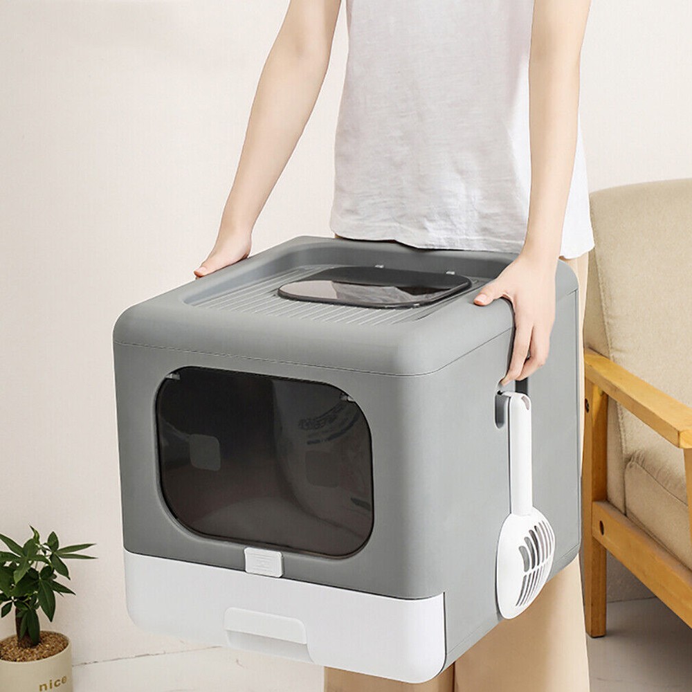 Large Space Cat Litter Box Front Top Entry with Scoop Drawer Foldable Detachable