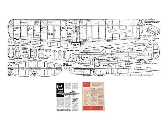 Black Hawk Control Line 50" Wingspan RC Model Airplane Printed Plans Templates