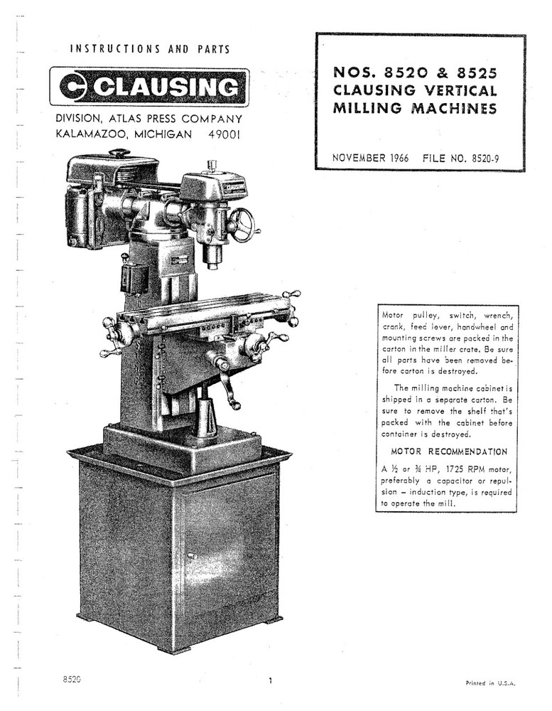 8520 Vertical Milling Operator Instruction & Parts Manual Fits Clausing 8525 C85