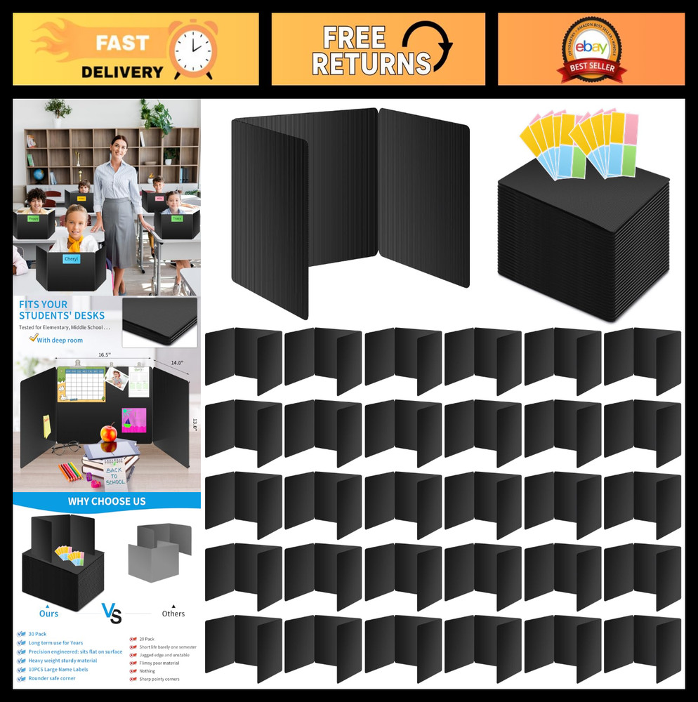 30 Pack Black Desk Dividers - Privacy Shields, Durable Waterproof Study Boards,