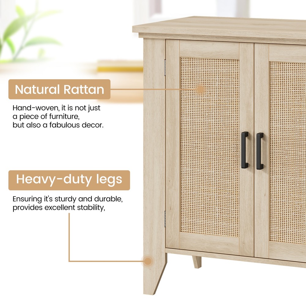 Buffet Cabinet for Storage, Kitchen Sideboard With Rattan Doors Adjustable Shelf