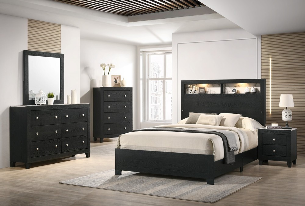 Modern Black & White Marble 1pc Queen Size Panel Bed LED Backlight Headboard
