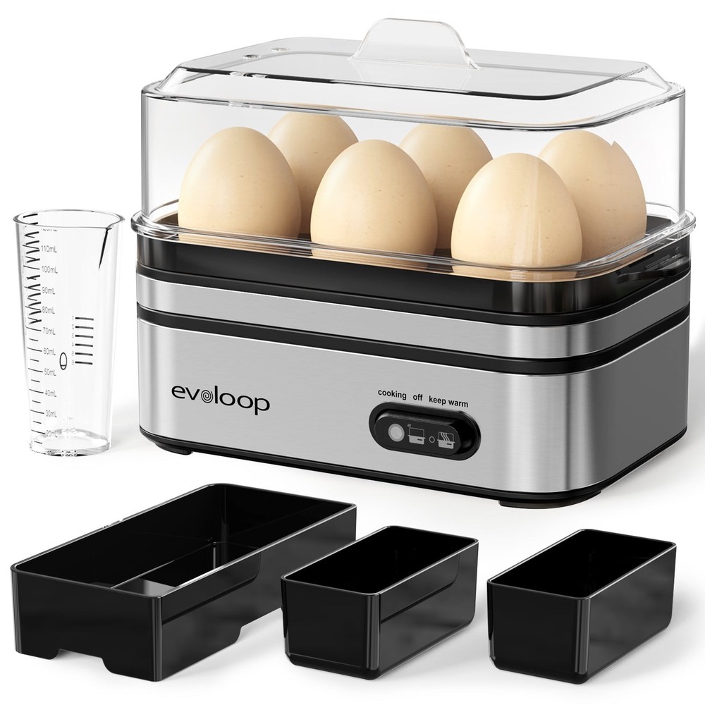 evoloop Electric Egg Cooker 6 Egg Capacity Keep Warm Auto Shut-off Silver Black