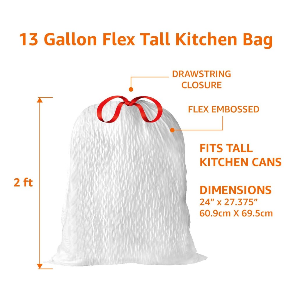 Amazon Basics Ultra-Force Tall Kitchen Drawstring 1 Count (Pack of 80), White