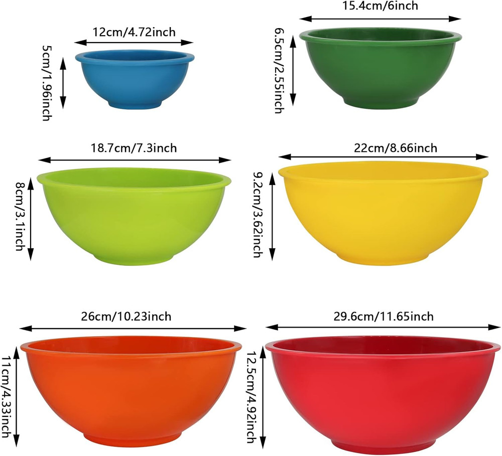 6 Pack Mixing Bowl Set Plastic Nesting Bowls for Baking Cooking Serving Red