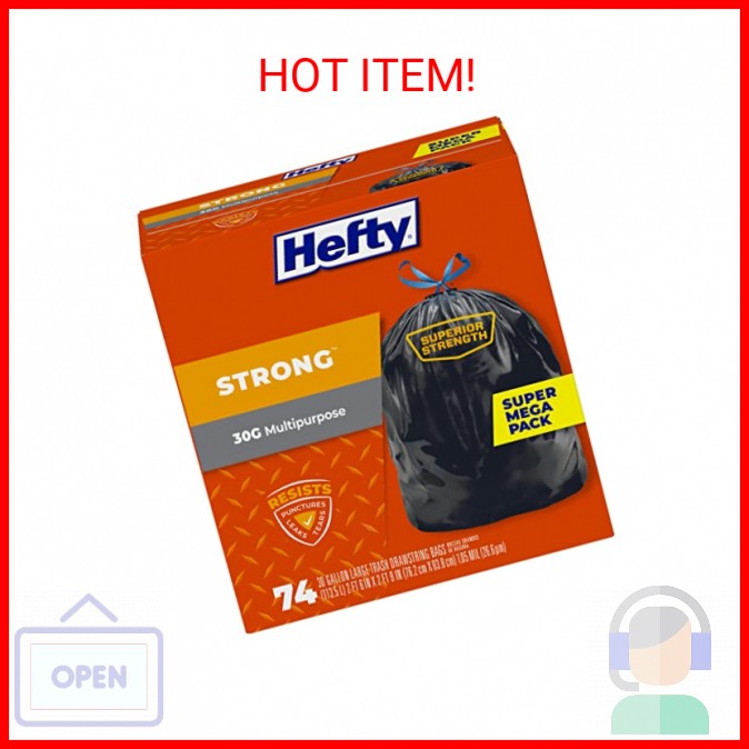 Hefty Strong Large Trash Bags, Black, 30 Gallon, 74 Count
