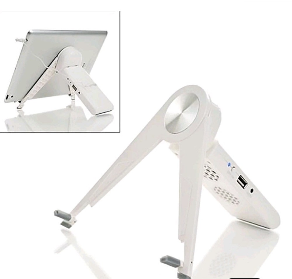Mini Design Techno Folding Speaker and Tablet Stand All In One, White