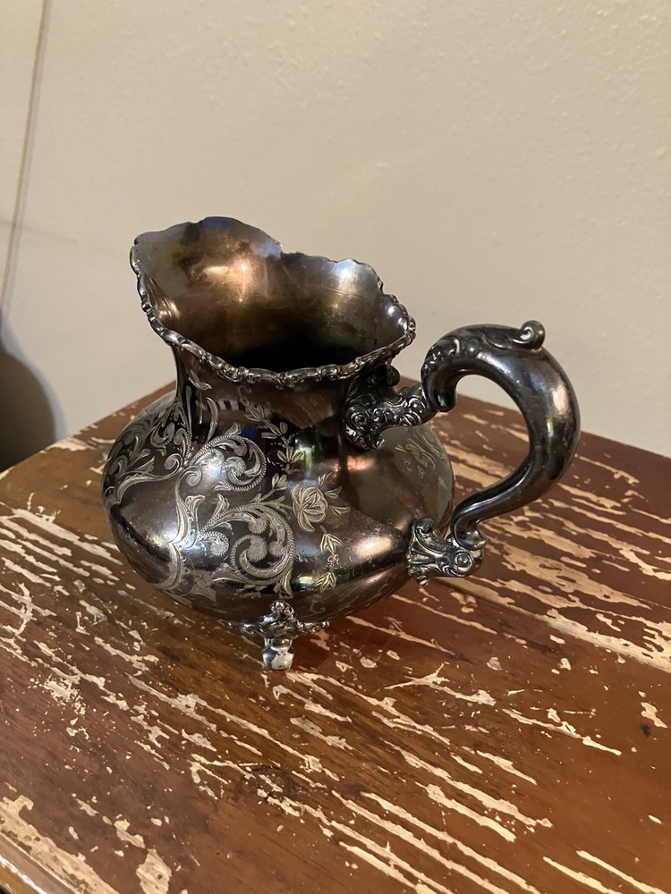 Antique Silver Meriden Ornate Etched Silverplate 4” Pitcher