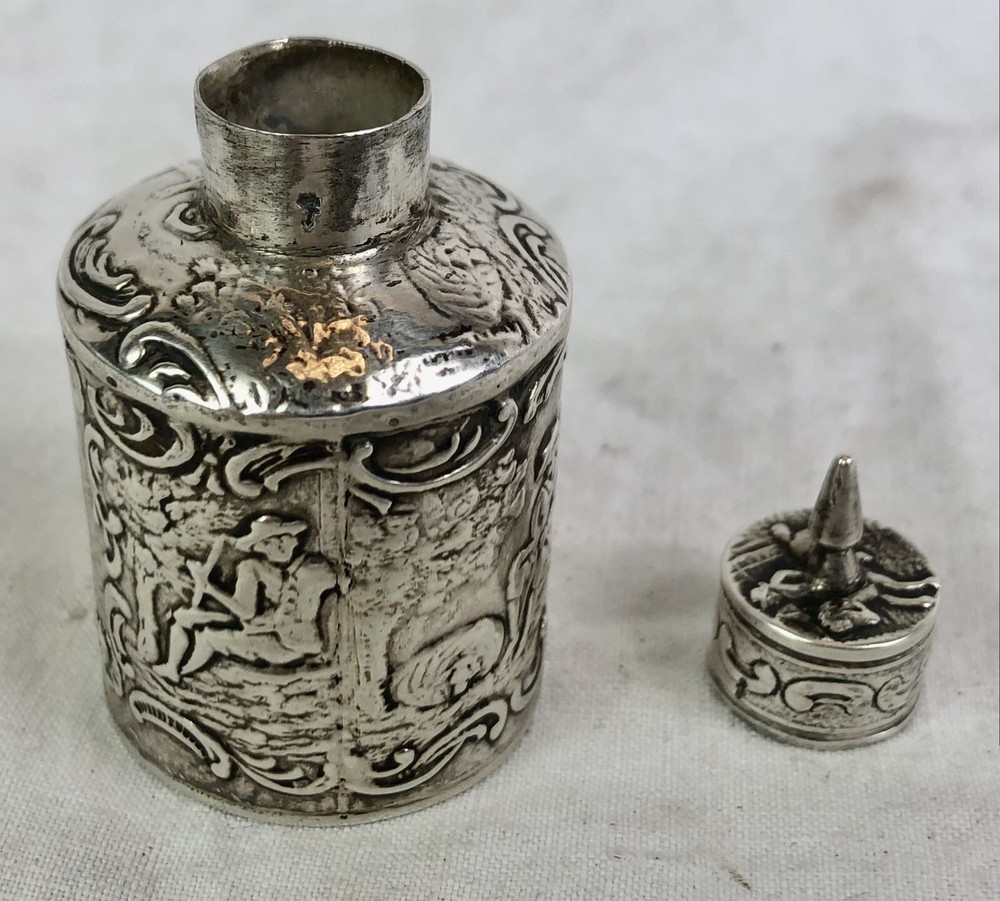 ANTIQUE SOLID SILVER MINIATURE TEA CADDY, REPOUSSE, DUTCH / ENGLISH, VICTORIAN