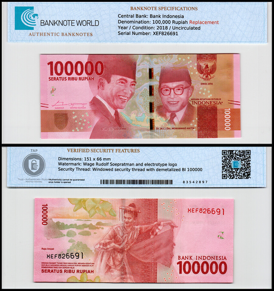 Indonesia 100000 Rupiah, 2018, P-160c.1z, UNC, Replacement, Authenticated