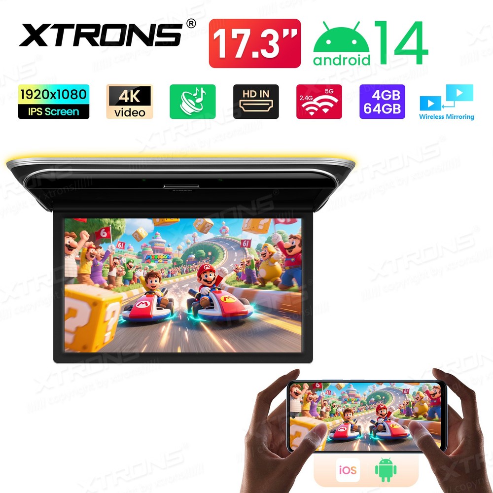 17.3" Car Ceiling Mount TV Android 14 Flip Down Screen 4K Octa Core HDMI WiFi