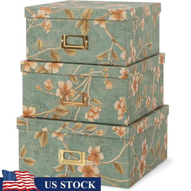 Vintage Botanical Storage Boxes Set Decorative Nesting Boxes W/ Lids Organizing