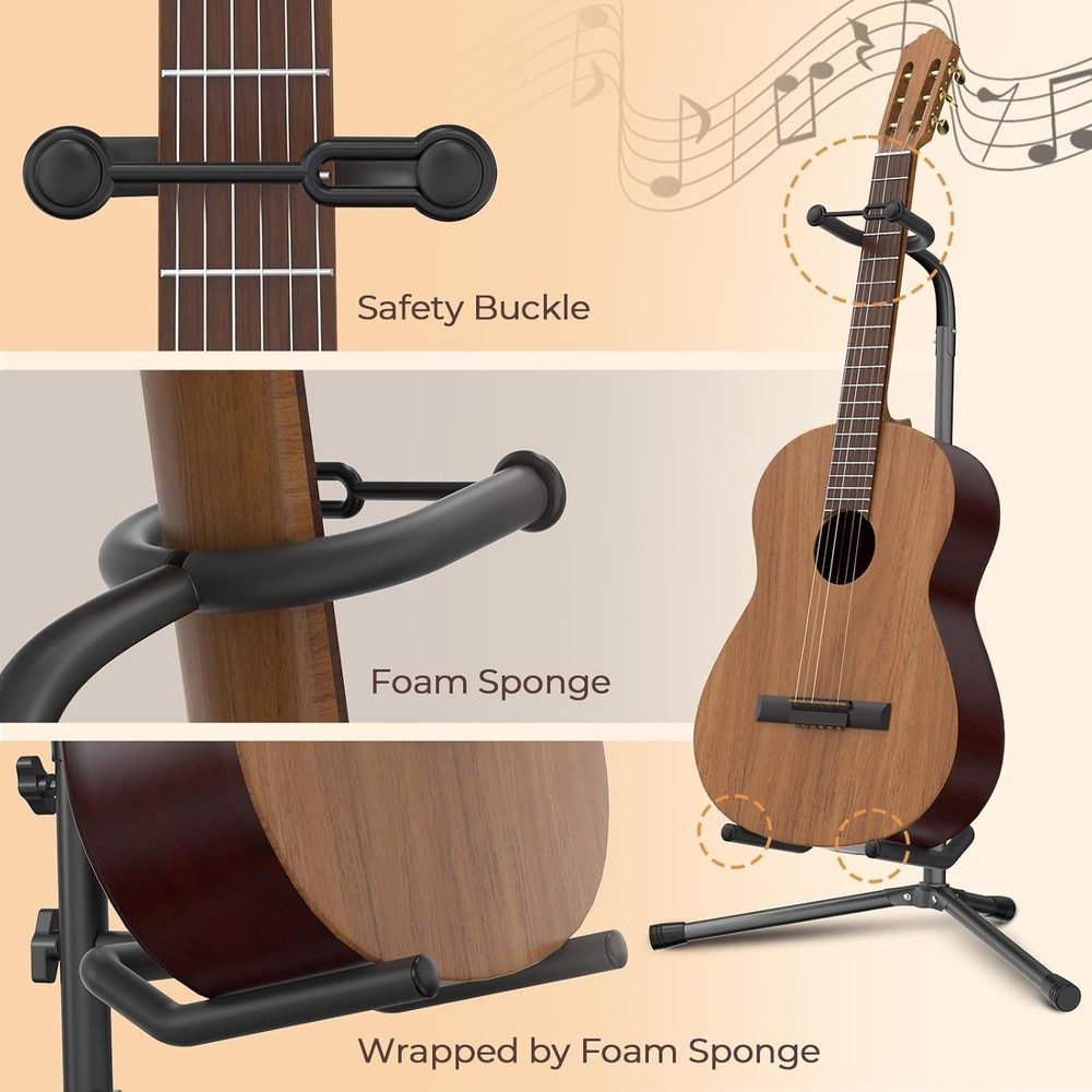 Adjustable folding guitar stand for various sizes.