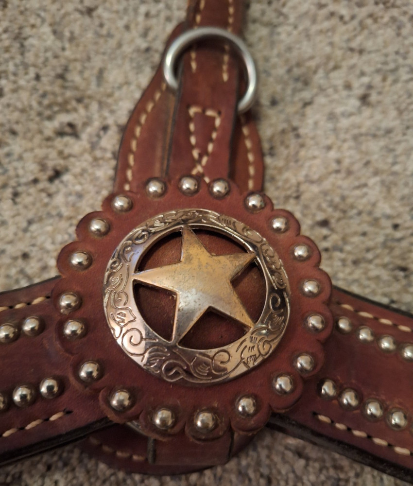 Vintage Leather Breast Collar Silver Star Concho With Studs