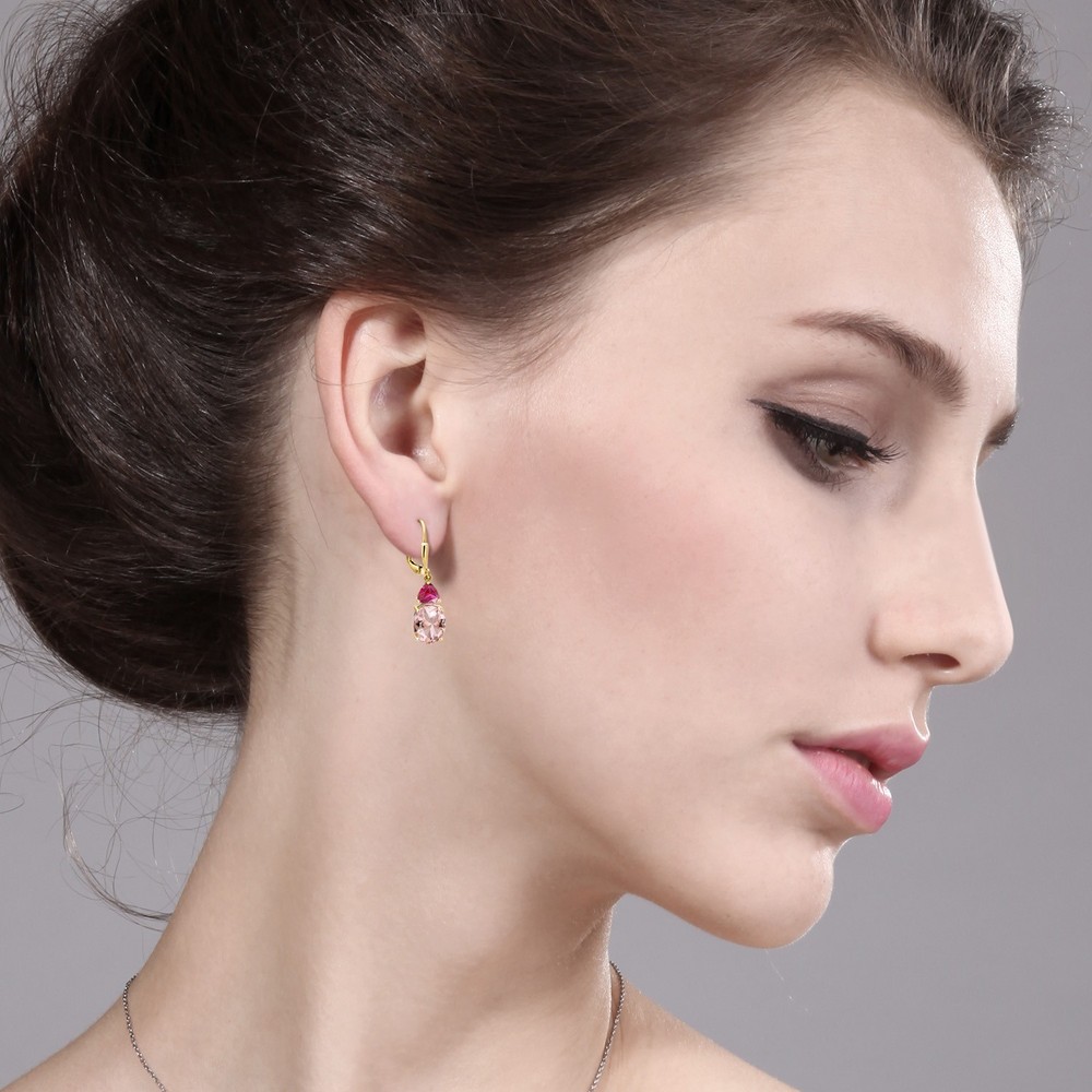 18K Yellow Gold Plated Silver Peach Nano Morganite and Created Ruby Dangle