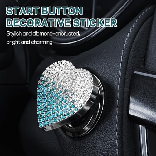 Bling Car Engine Start Button Cover, Cute Heart Shape Diamond Gradient blue