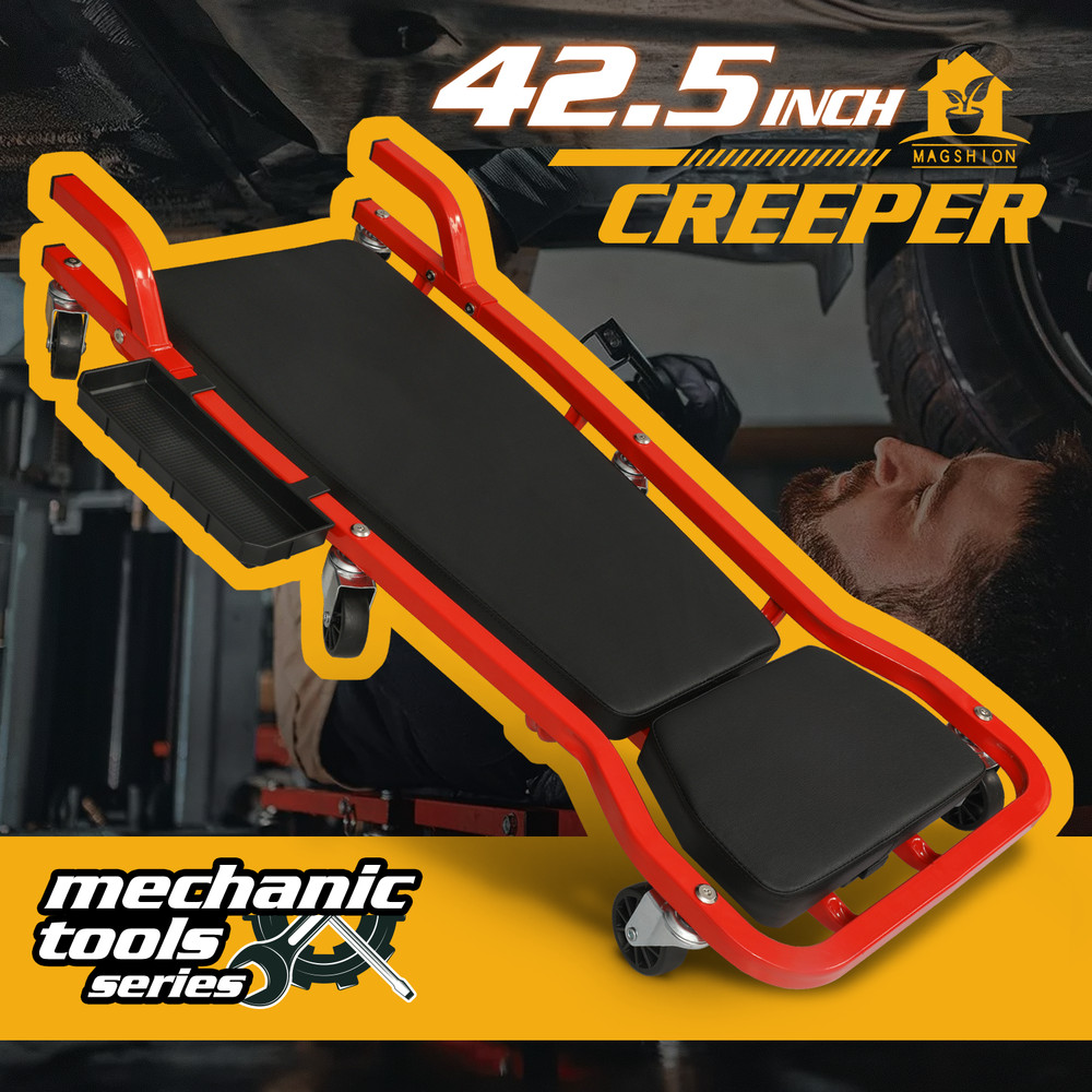 [ADJUSTABLE HEADREST+HANDLE]Rolling Padded Low Profile Creeper Garage Car Repair