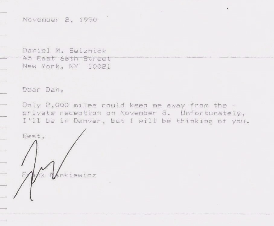 Frank Menkiewicz Signed Typed Letter/Note Hill & Knowlton Stationery W/Envelope