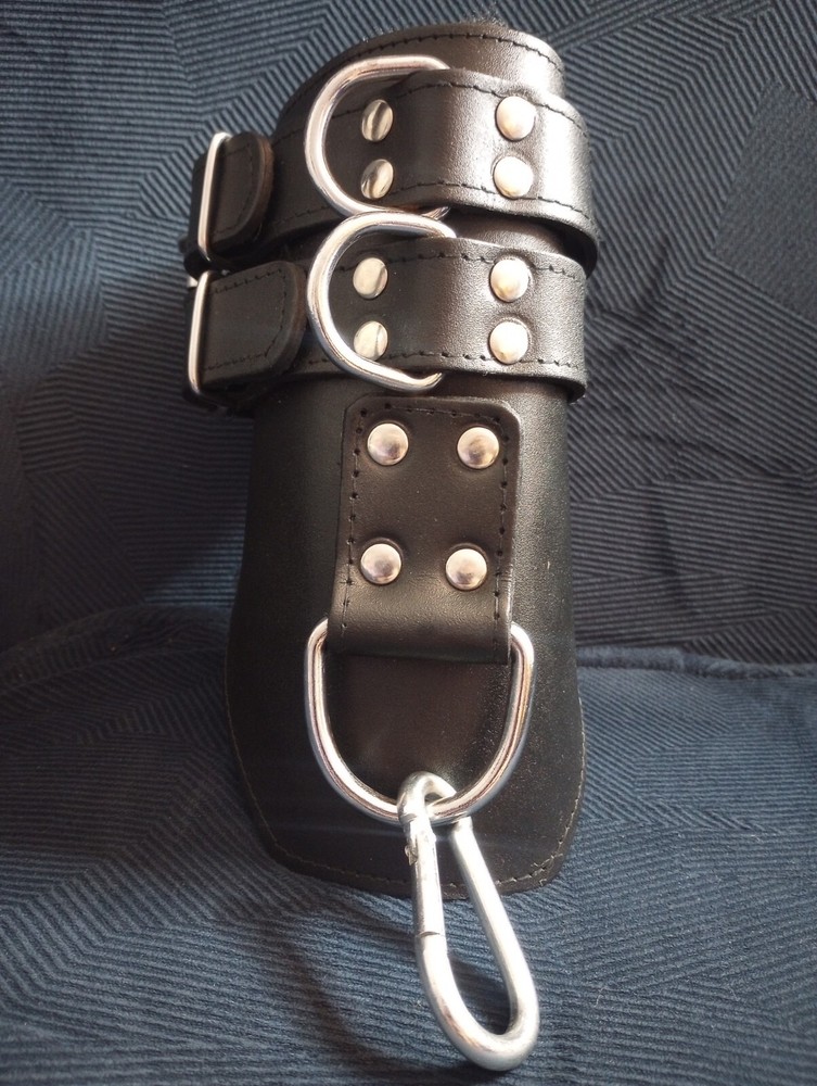 Black Cowhide Leather BDSM Ankle Restraints (pair) with Thick Fur Padding