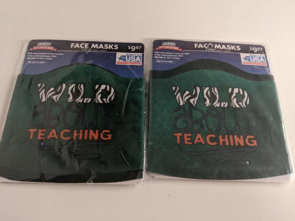 2 x 2 packs Facemaks Wild about Teaching and solid green mask - 4 masks stretch