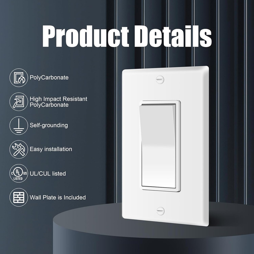 Single Pole Decorator Wall Light Switch with Wall Plate, 15A 120V/277V, On/Off P