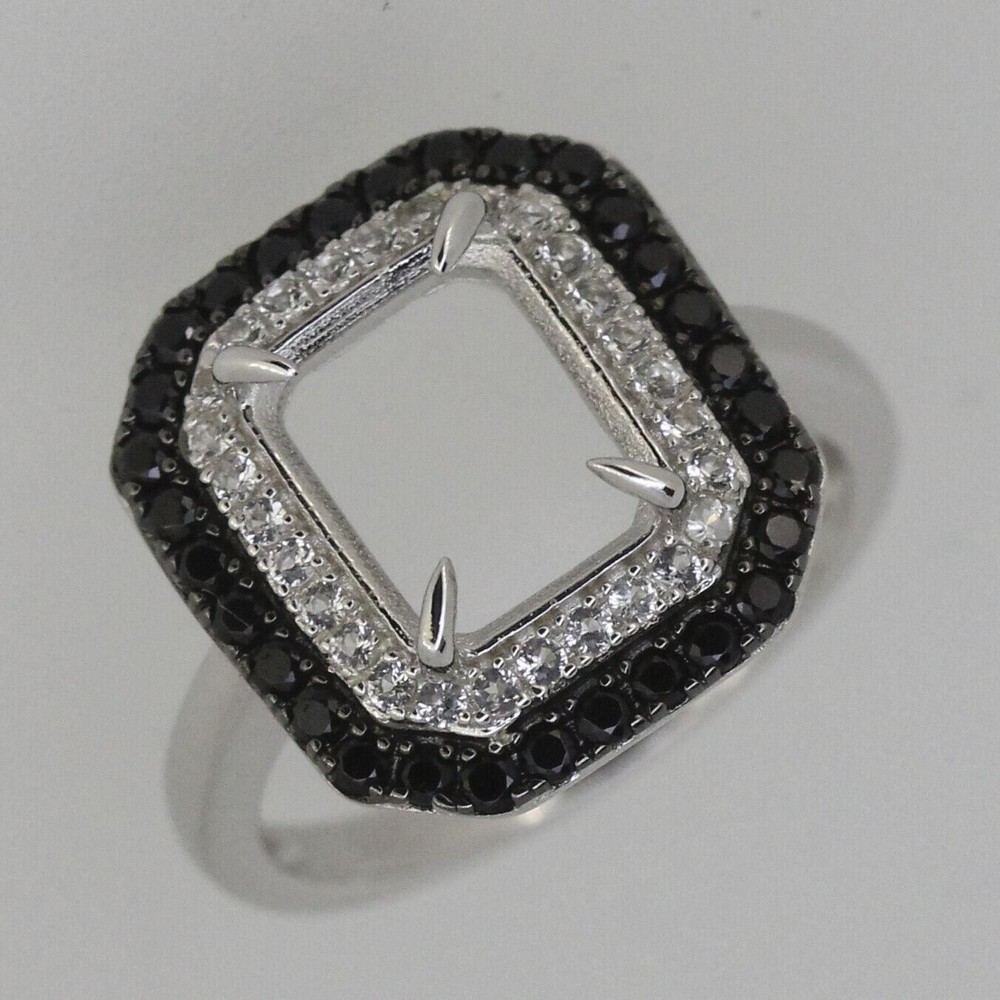 Sterling Silver Semi Mount Ring Setting OCT 10x8mm Black Spinel White