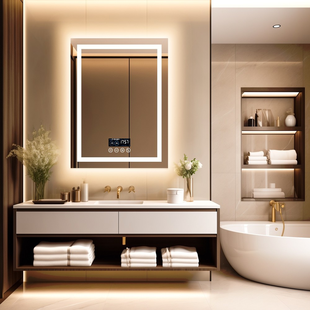 WISFOR Smart LED Lighted Bathroom Mirror with Bluetooth Speaker, Digital Display