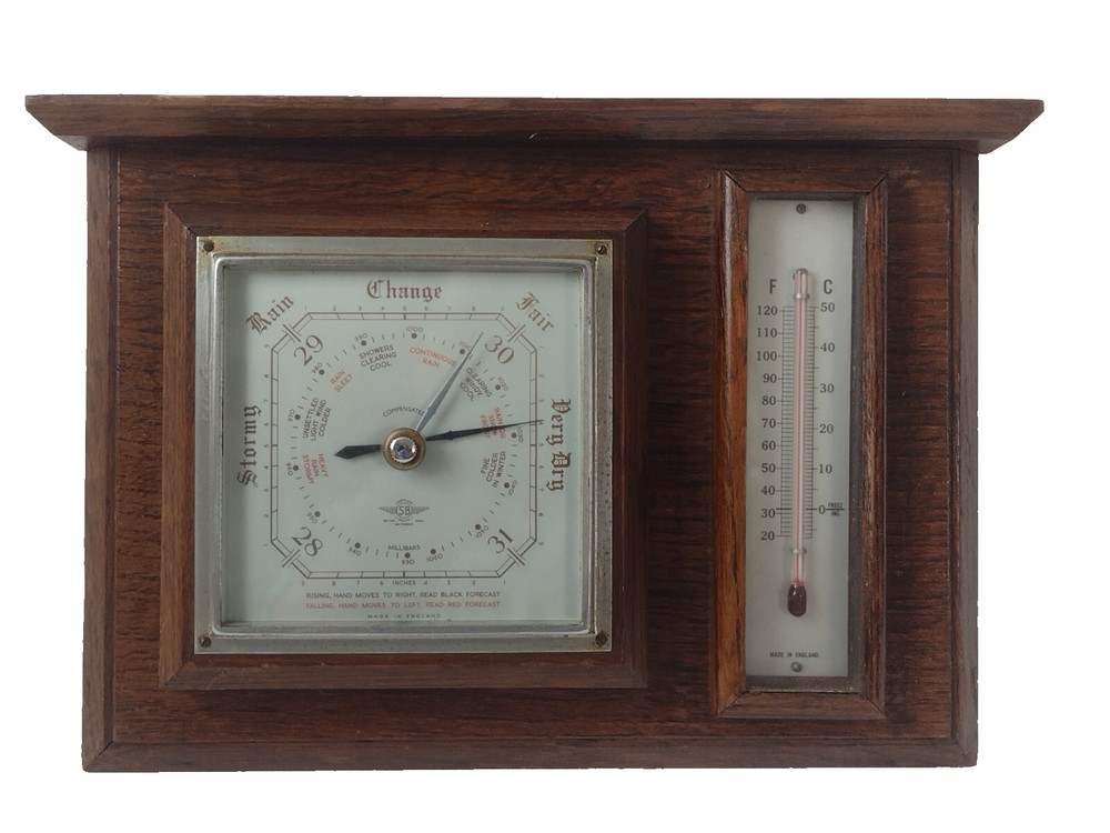 Barometer & Thermometer 1950s Original Rectangular Solid Wood Glass England Made