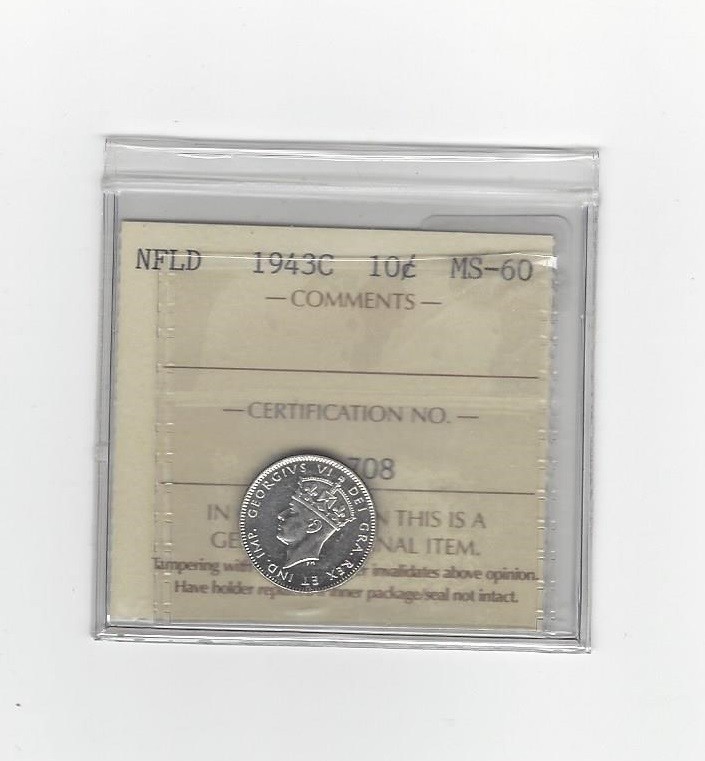 1943c, ICCS Graded Newfoundland, Ten Cent, **MS-60**
