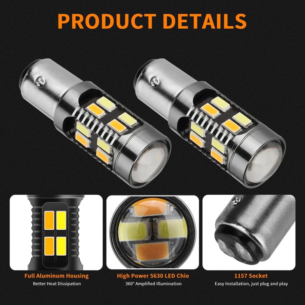 2X 1157 LED White/Amber DRL Switchback Turn Signal Indicator Parking Light Bulbs