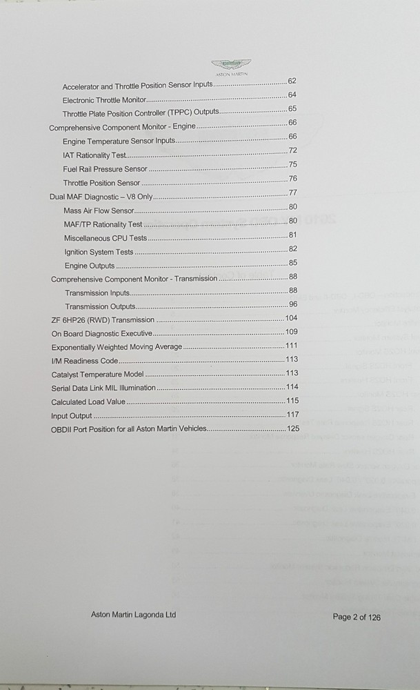 ASTON MARTIN DB9 2010 EOBD SUMMARY DOCUMENTATION & OBD SYSTEM OPERATION
