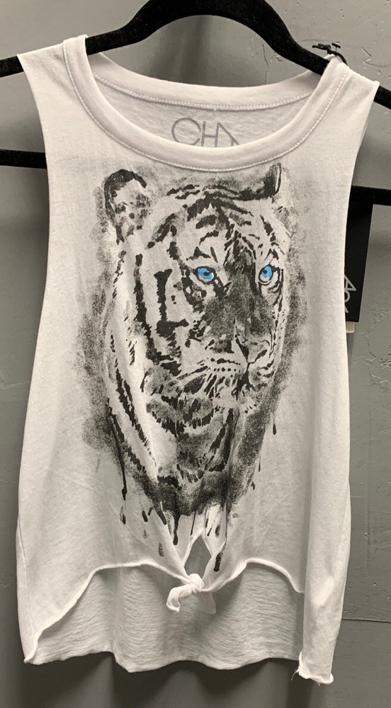 $68 NWT Chaser Brand Solid White Tiger Tie Front Graphic Sleeveless Tank