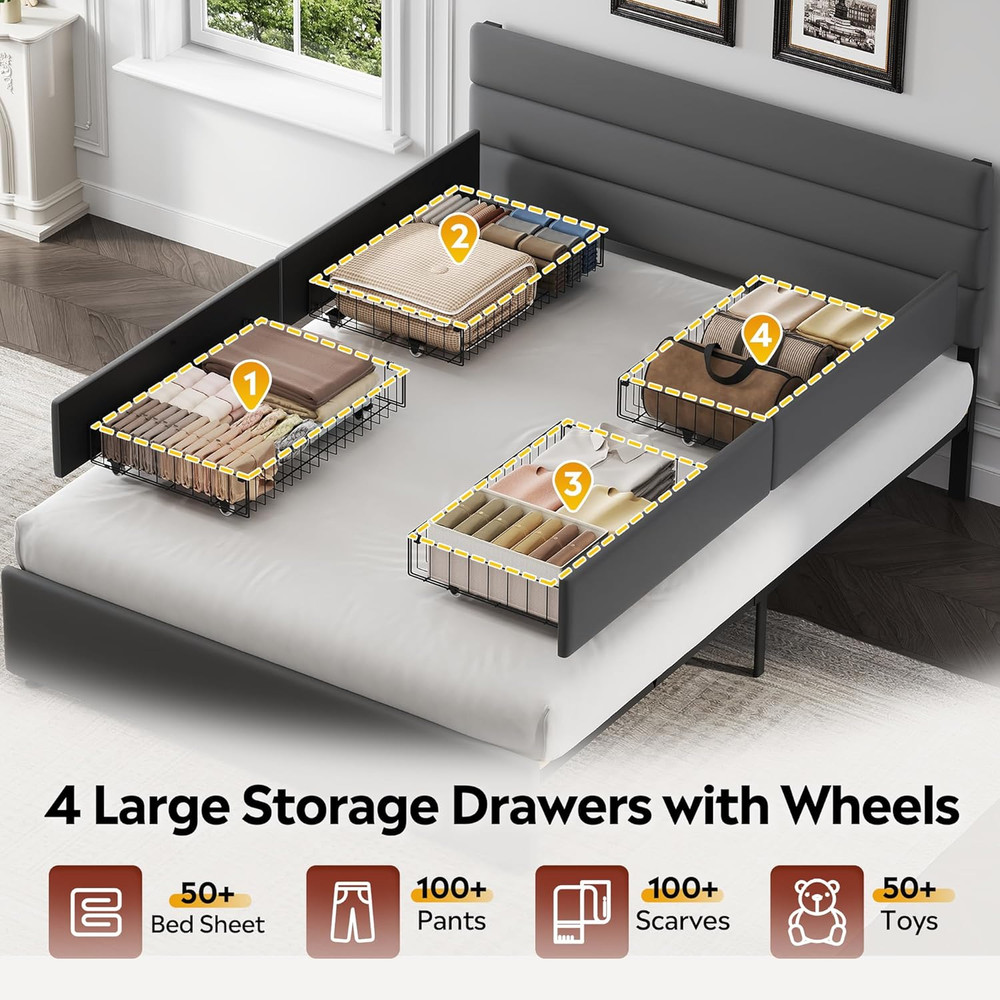 WLIVE Queen Size Upholstered Bed Frame with 4 Storage Drawers and Headboard, Vel