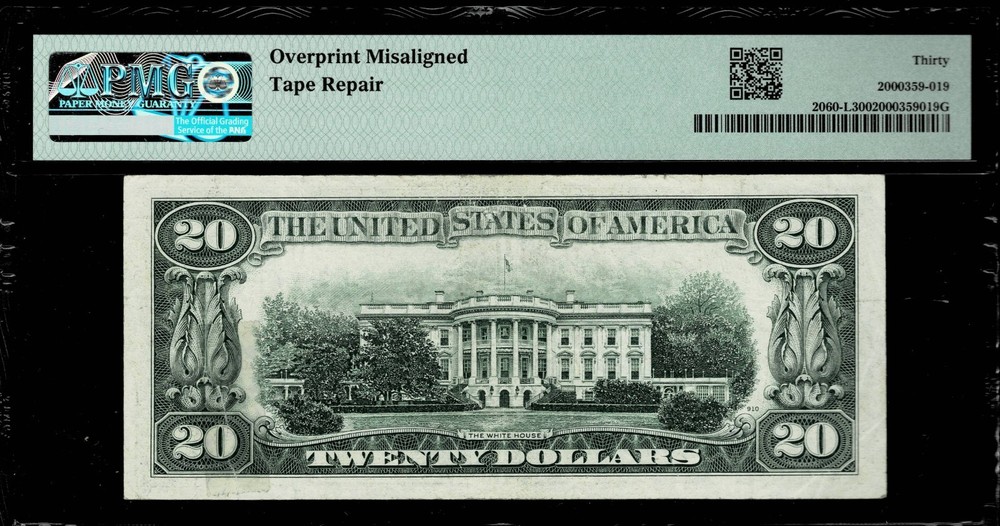 MISALIGNMENT ERROR $20 1950-A FR NOTE FR.#2060-L PMG VF30