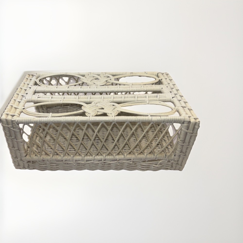 Vintage Tissue Box Holder White Wicker Rectangle Cottage Granny Boho Retro