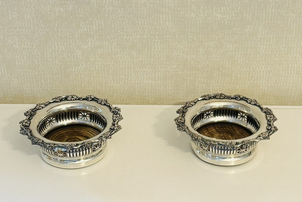 Antique Grape Decorated Silverplate Pair Wine Coasters With Wood Inserts