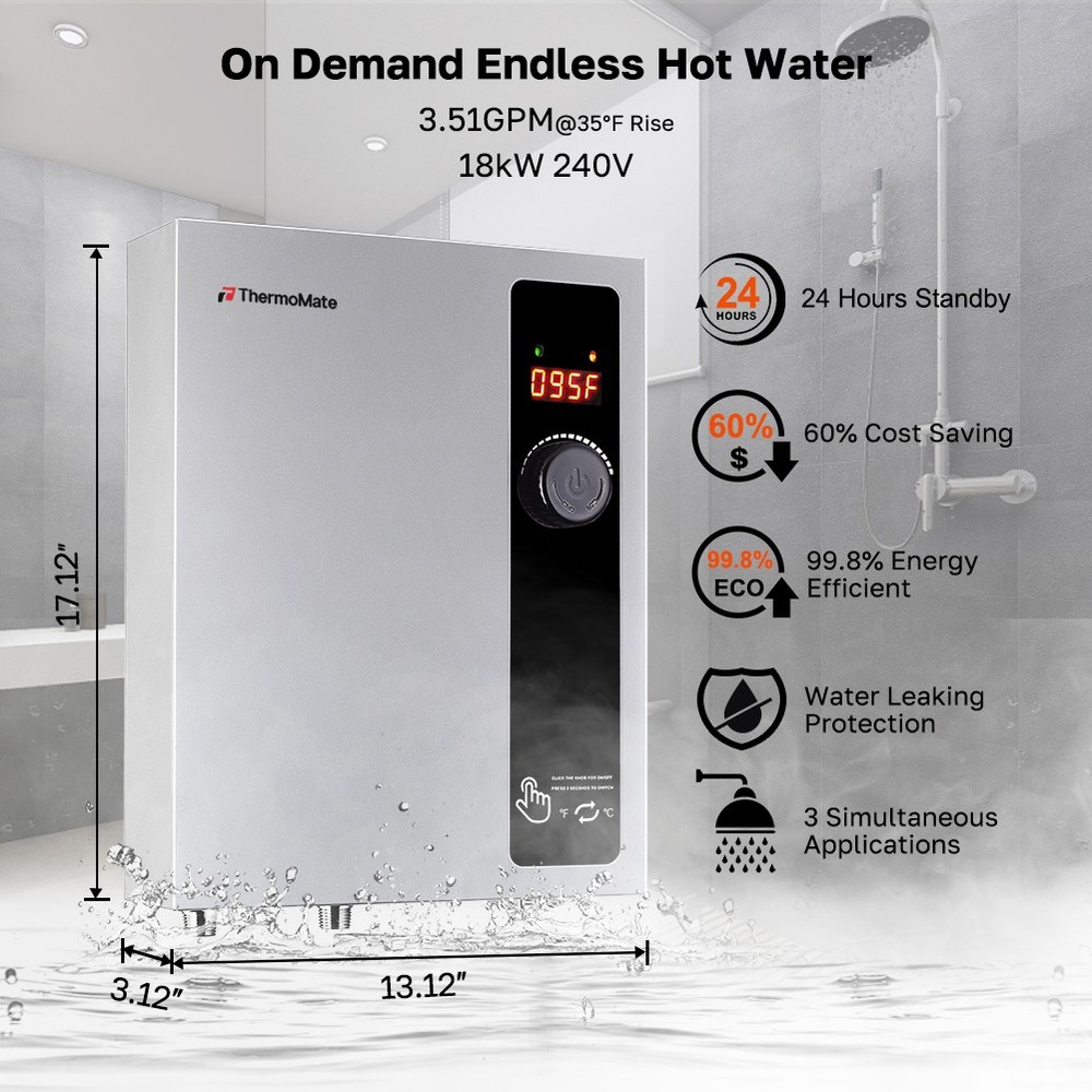 18kW/27kW Electric Tankless Water Heater Instant Hot Boiler Whole House Shower