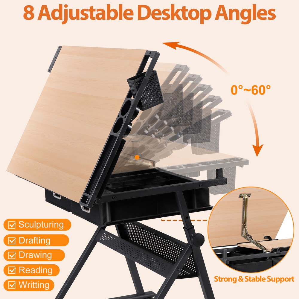 Drafting Table Drawing Adjustable Craft Desk Tabletop w/Stool & Drawers Natural