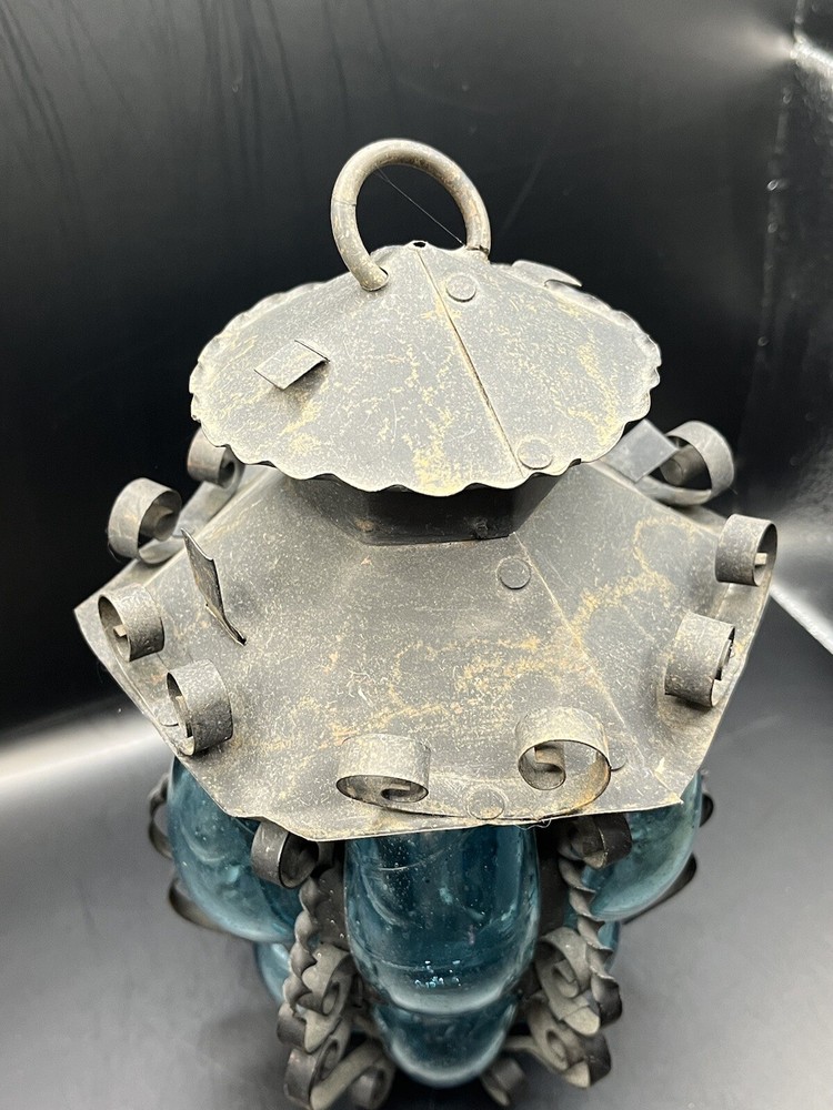 Old Handblown Blue Glass And Iron Lantern