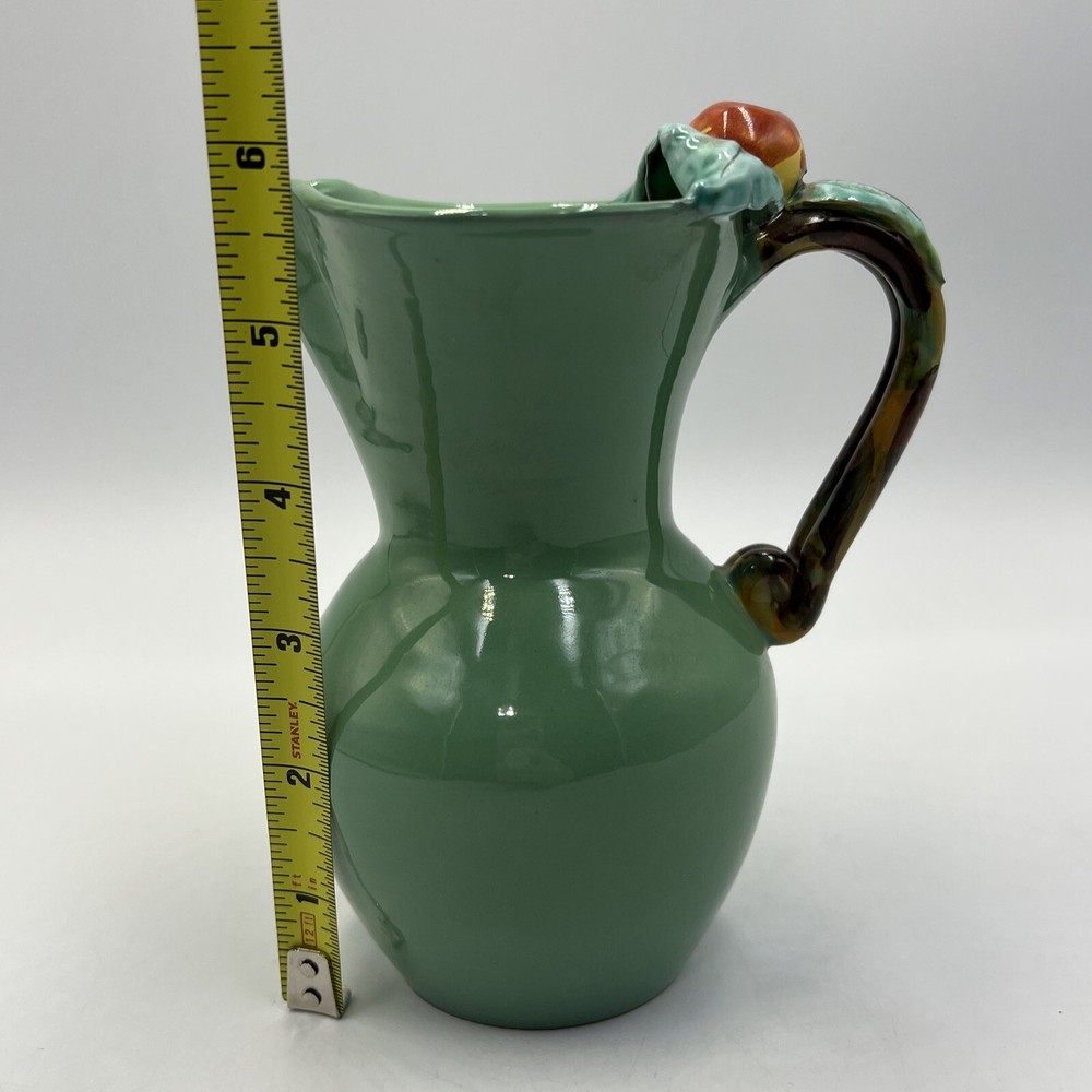 Italian Green Small Pitcher Signed Cherry Leaves Italy READ