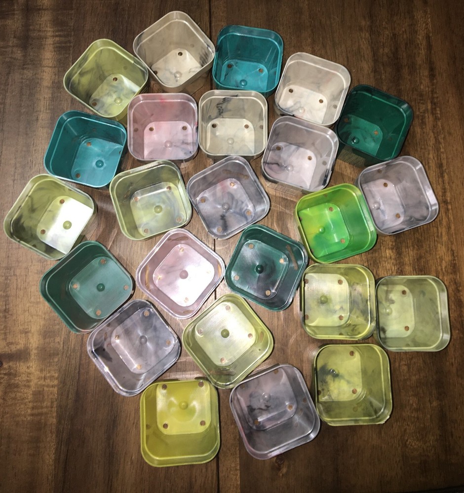 24 mid century seed starter pots 1960-80~marbled plastic multi colored 2"X2"
